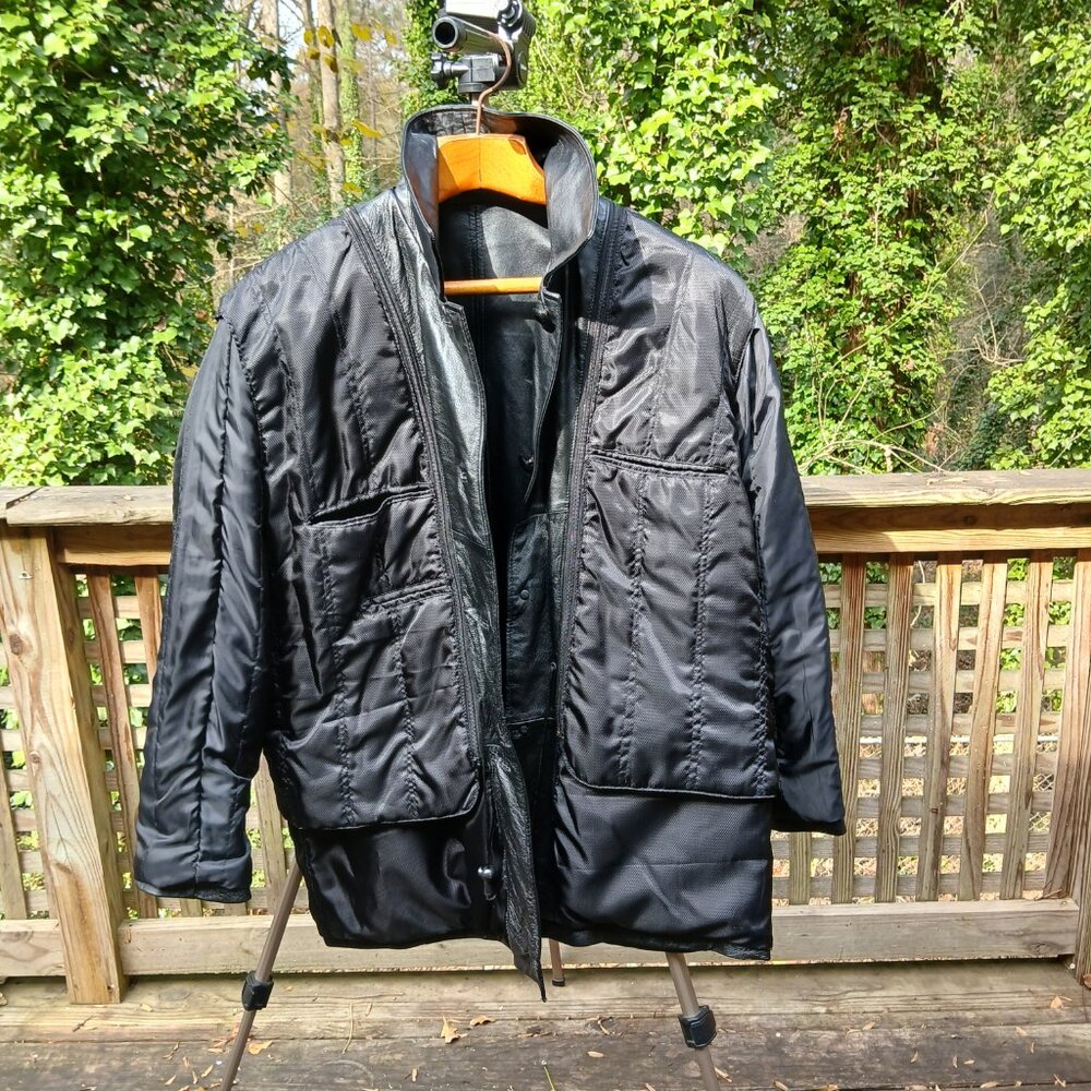 Vintage 90's Black Leather Warm Double Lined Car Coat Many Pockets & Details SzL - Picture 13 of 16